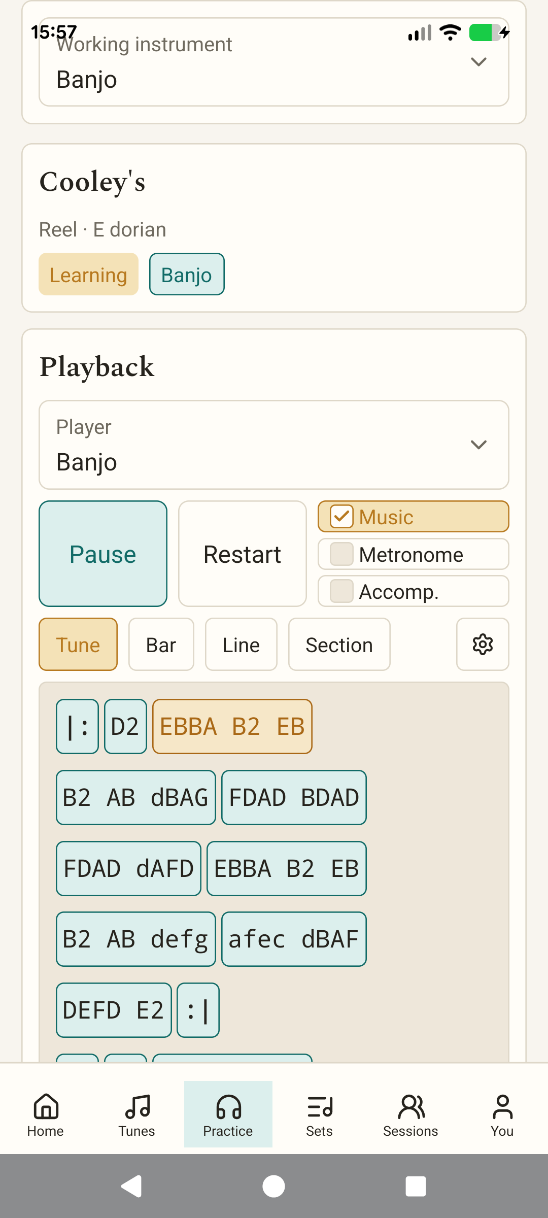 A Tradcara practice screen with notation, playback and tempo controls