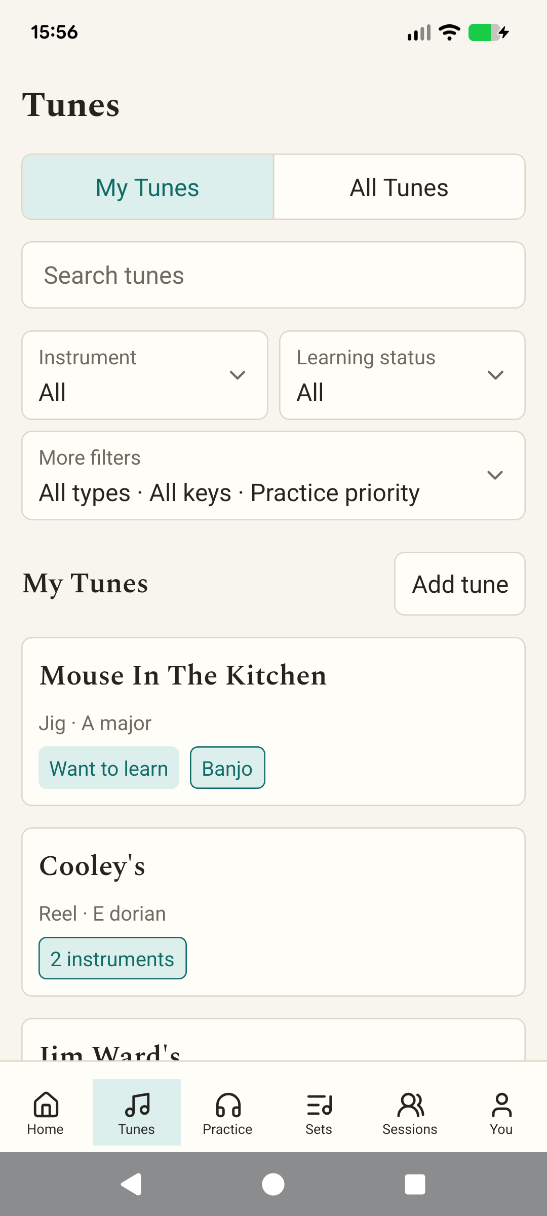The My Tunes screen showing a searchable Irish tune repertoire
